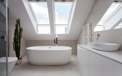 Freestanding bath in white bathroom Porcelain freestanding bath in designed white bathroom